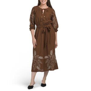 LEA Brown Three-quarter Sleeve Embroidered Midi Dress